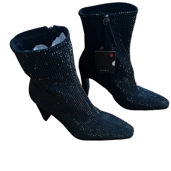 NWT ZARA Women’s Black Rhinestone Heeled Ankle Boots Size 8.5 US 38-39 EU - Picture 8 of 16